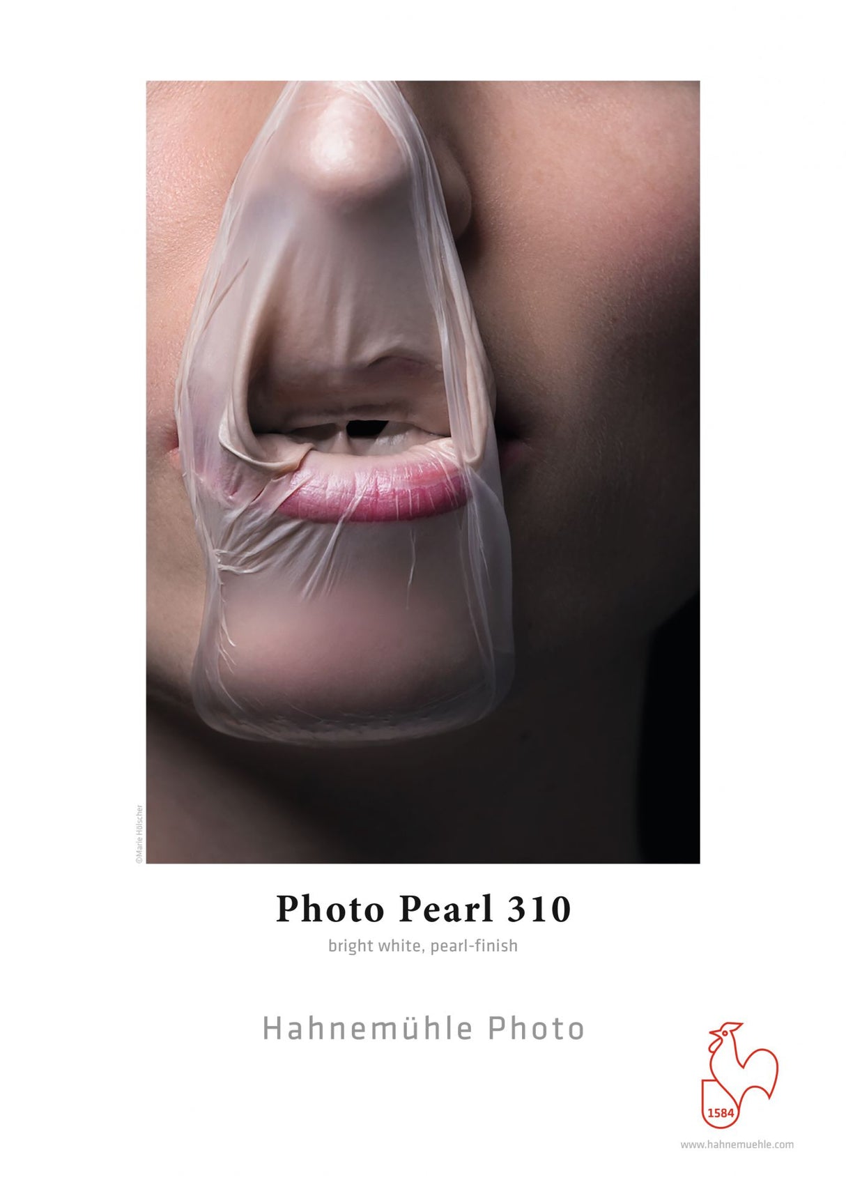 A close-up shows a person's mouth and nose behind a thin, transparent sheet, focusing on lips and teeth. Text below: Hahnemuhle Photo Pearl 310—bright white photo paper with a pearlescent finish.