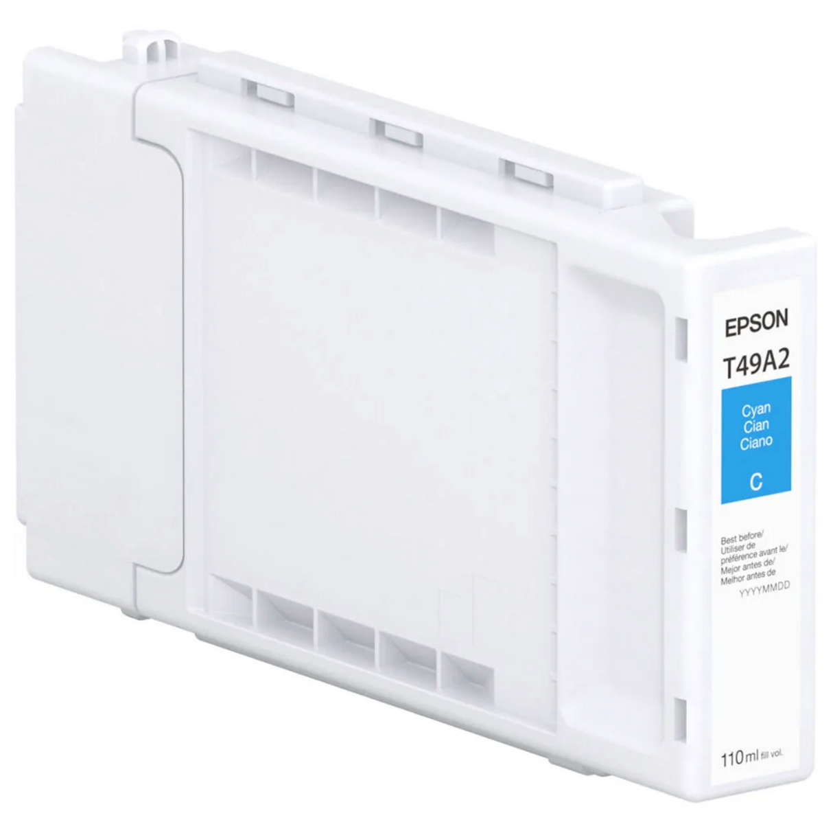 The Epson SureColor PRO6 Cyan UltraChrome PRO6 Ink Cartridge (T49A220, 110ml) features pigment-based ink, ideal for production photo printing. Its white body displays a blue square and text showing the color and model.