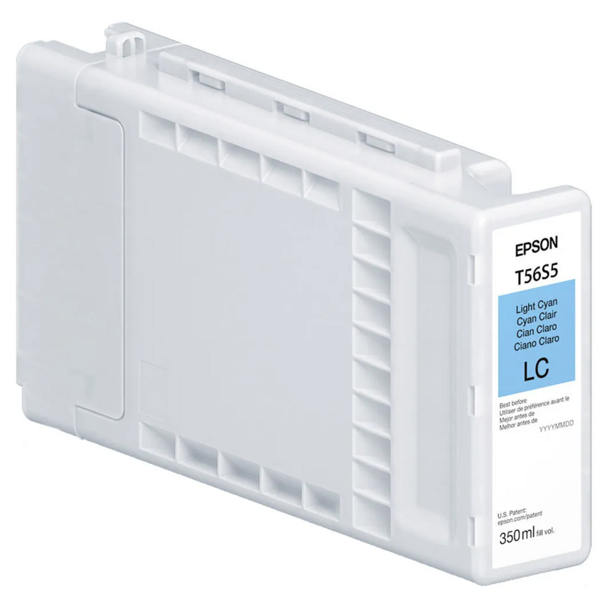 The Epson T56S Light Cyan Ink Cartridge (350ml) for SC P7370/P9370 uses UltraChrome PRO10 Ink and features a mostly white and grey design with a blue label.