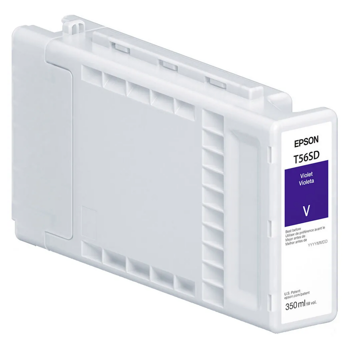 The Epson T56S Violet Ink Cartridge for SC P7370/P9370 holds 350ml of archival pigment ink and features a white rectangular design with a purple label. It delivers long-lasting UltraChrome PRO10 prints. Brand: Epson.