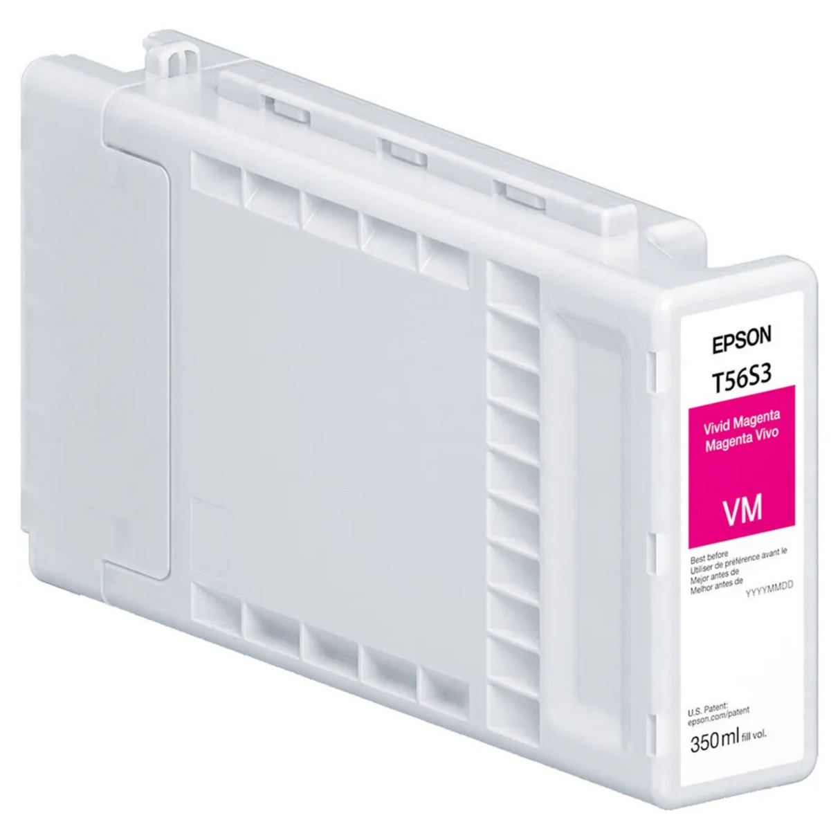 The Epson T56S Vivid Magenta Ink Cartridge (350ml) for SC P7370/P9370 features archival UltraChrome PRO10 pigment ink in a white and gray plastic casing, ensuring exceptional print permanence.