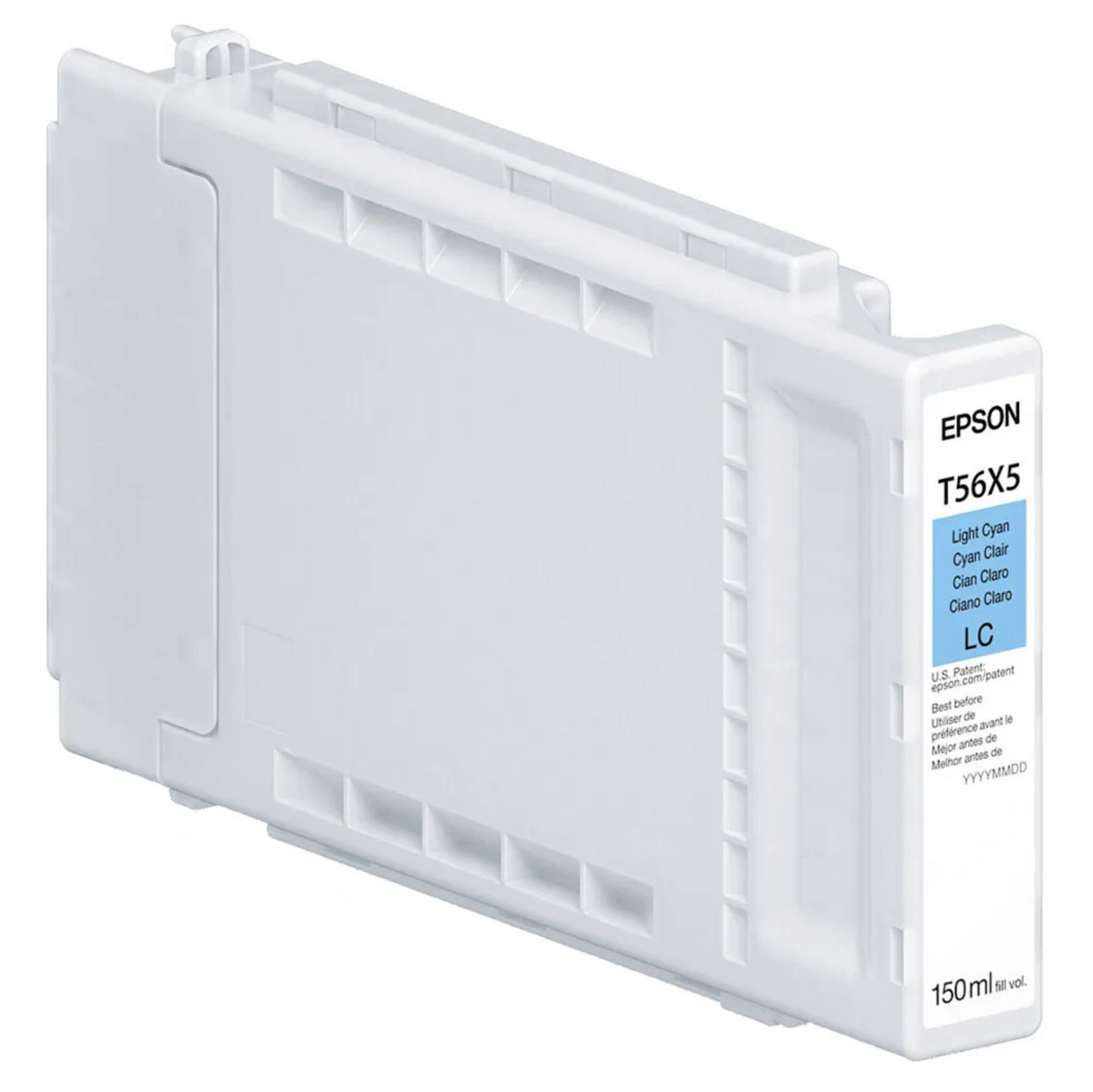 The Epson T56X Light Cyan Ink Cartridge (150ml) for SC P7370/P9370, featuring UltraChrome PRO10 archival pigment ink and labeled LC, is shown in a rectangular shape against a white background.