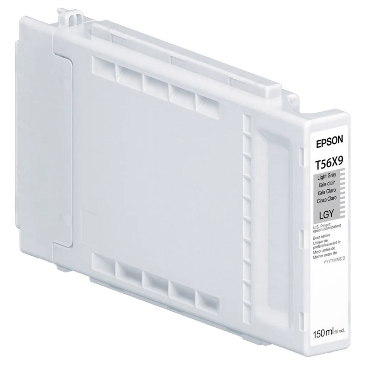 The Epson T56X Light Gray Ink Cartridge for SC P7370/P9370 (150ml) features a white label with product info, rectangular design with indented sides, and uses UltraChrome PRO10 pigment ink for archival print permanence.