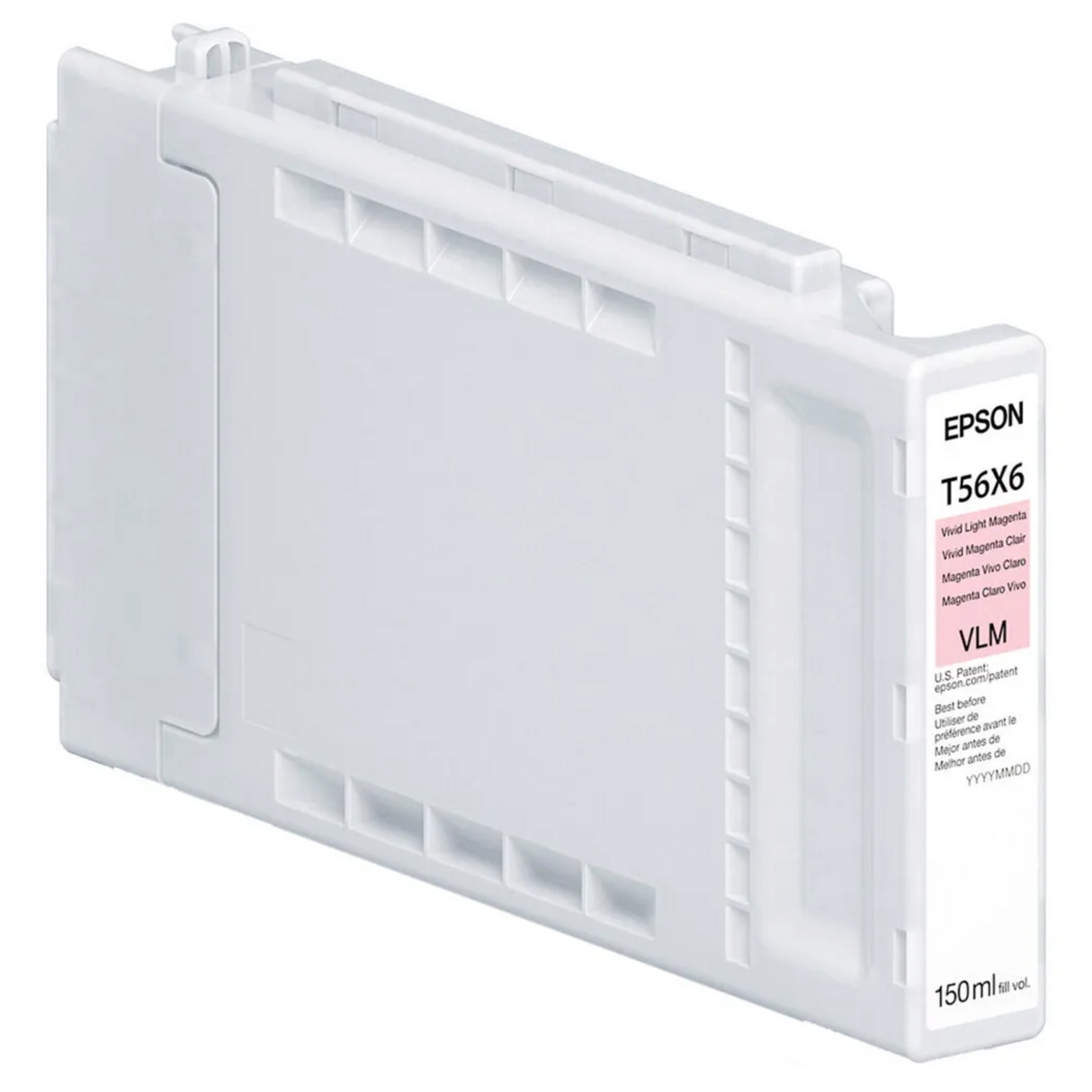 The Epson T56X Vivid Light Magenta Ink Cartridge for SC P7370/P9370 (150ml) features UltraChrome PRO10 archival pigment ink in a high-capacity white rectangular cartridge with product details on the side.