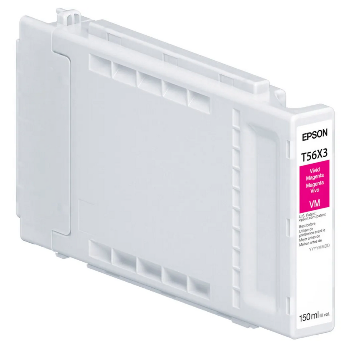 The Epson T56X Vivid Magenta Ink Cartridge (150ml) for SC P7370/P9370 features archival UltraChrome PRO10 pigment ink in a rectangular, mostly white plastic case with product details and a vivid magenta color label.