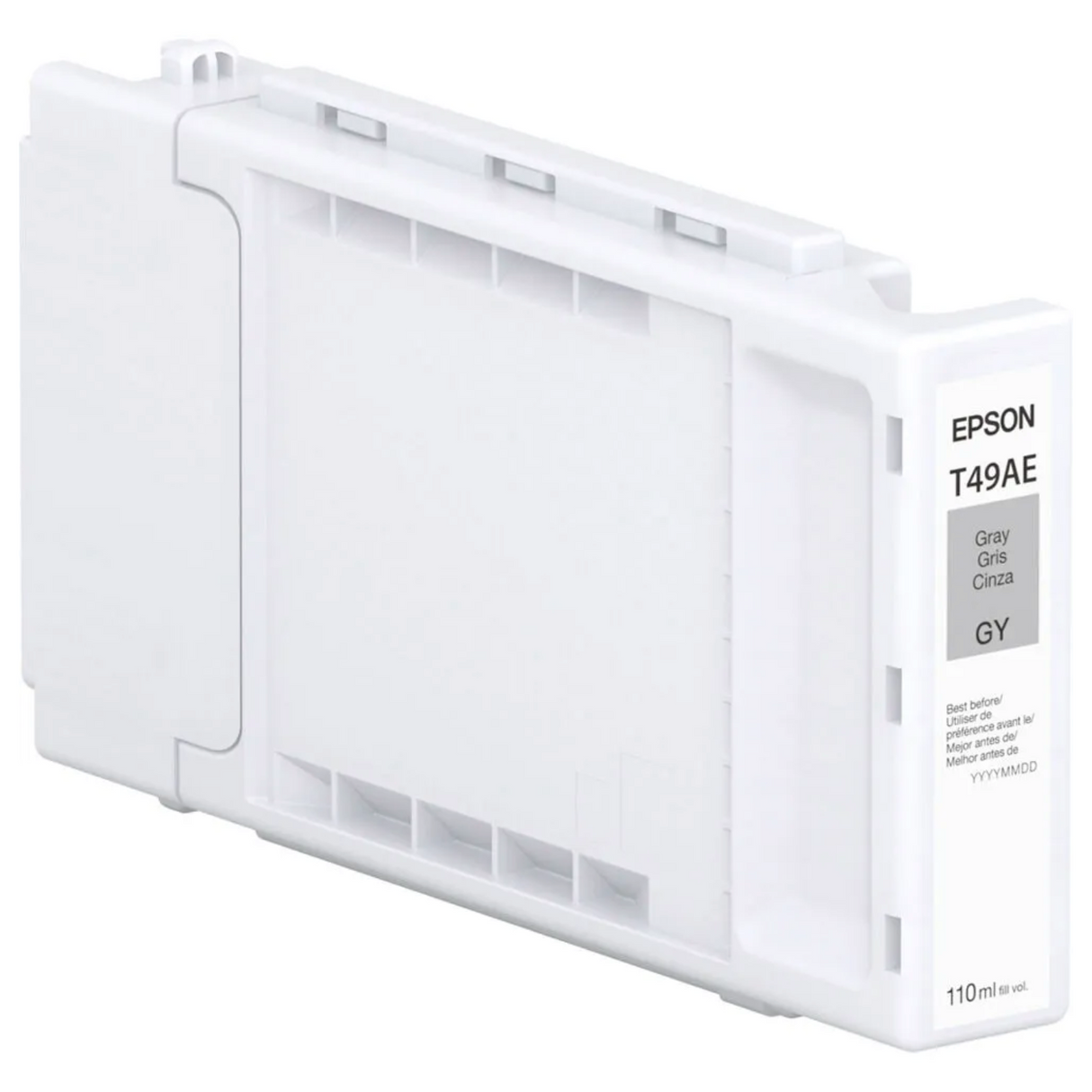 The Epson SureColor PRO6 Gray UltraChrome PRO6 Ink Cartridge (T49AE20) by Epson holds 110ml and features labels in English, Spanish, and Portuguese. Designed for production photo printing.