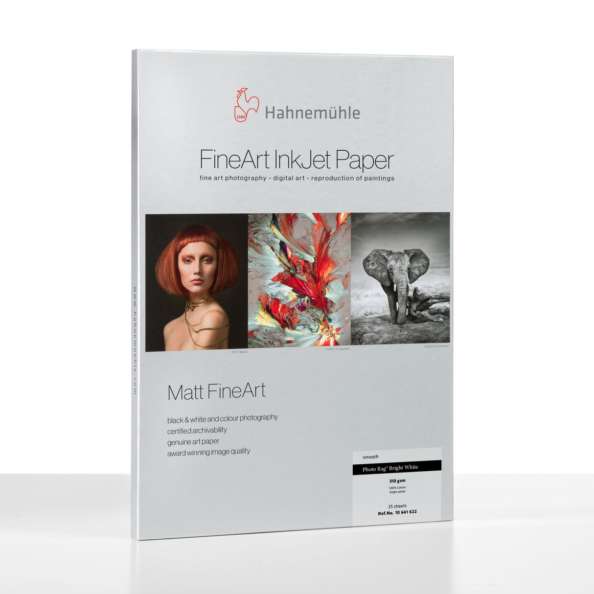 A pack of Hahnemuhle Photo Rag® Bright White, premium cotton Matt FineArt paper, features a white cover with the brand logo, product name, and sample images: portrait, abstract art, and an elephant.