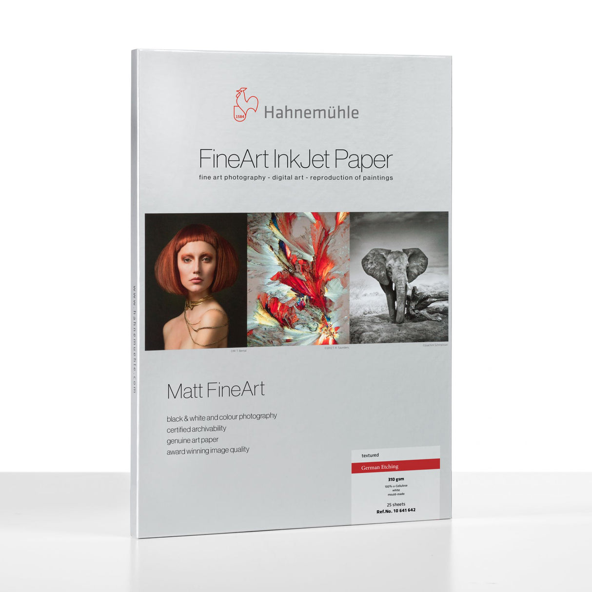 A package of Hahnemuhle German Etching® FineArt InkJet Paper shows three images—a red-haired woman, abstract art, and an elephant—and highlights its textured surface for photography and art reproduction.