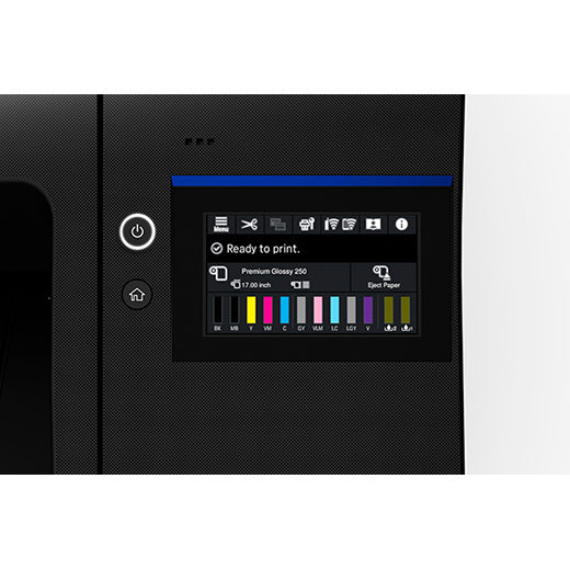 Close-up of the Epson SureColor P5370 17" Wide Printer (SCP5370SE) control panel shows a touchscreen with print settings, ink levels, and a "Ready to print" message. Power and home buttons are located left of the display.