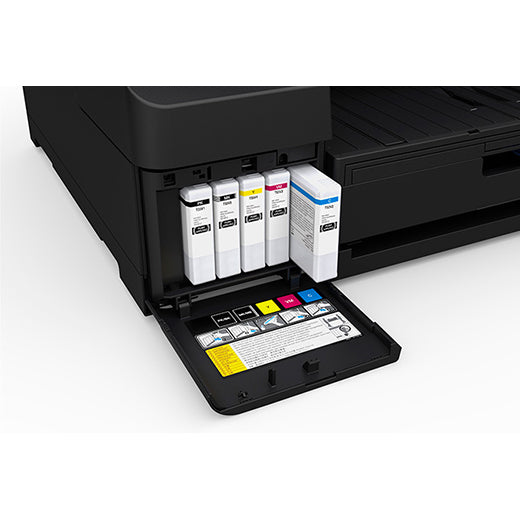 Close-up of the Epson SureColor P5370 17" Wide Printer (SCP5370SE) by Epson, with its ink compartment open to reveal black, cyan, magenta, and yellow cartridges, and instructional label visible on the inner panel.