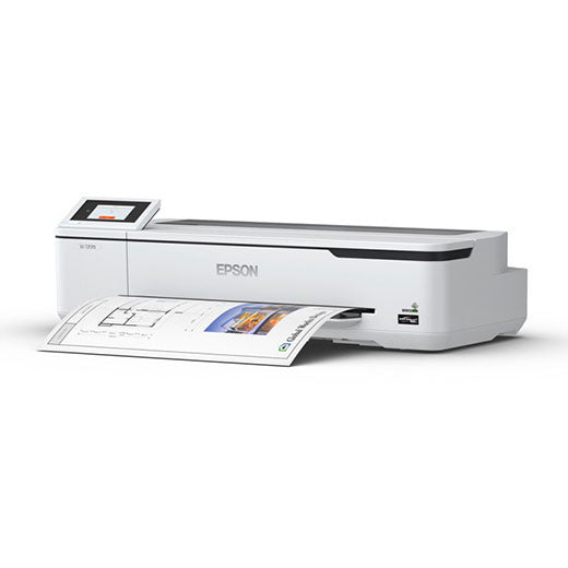 The Epson SureColor T2170 Wireless Printer (24", SCT2170SR) in white is shown wirelessly printing a text-and-image page, with the sheet visible at the front slot—ideal for technical and graphics prints.
