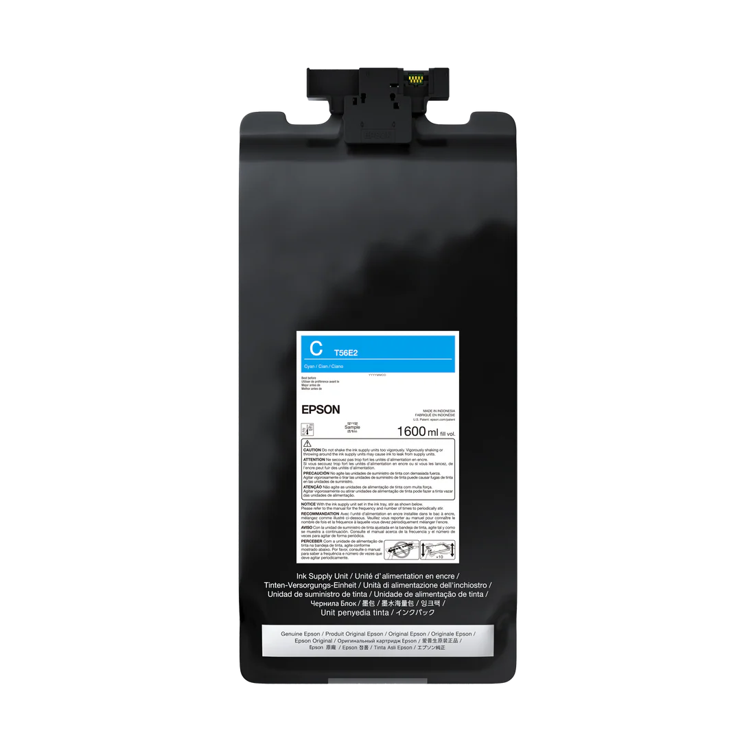 The Epson UltraChrome PRO12 Cyan Ink Bag (T56E220, P20570), 1.6L, features a blue and white label with details and a top connector. Designed for SureColor professional printers.