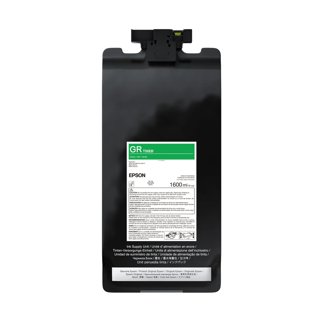 The Epson UltraChrome PRO12 Green Ink Bag (1.6L, P20570 - T56EB20) is a professional-grade archival pigment ink for use in Epson printers. The packaging displays product information and safety warnings.