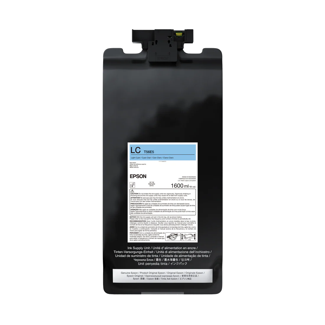 The Epson UltraChrome PRO12 Light Cyan Ink Bag (1.6L, T56E520, P20570) is a 1600 mL pigment ink pouch with nozzle attachment, designed for SureColor professional printers and labeled “LC” for light cyan.