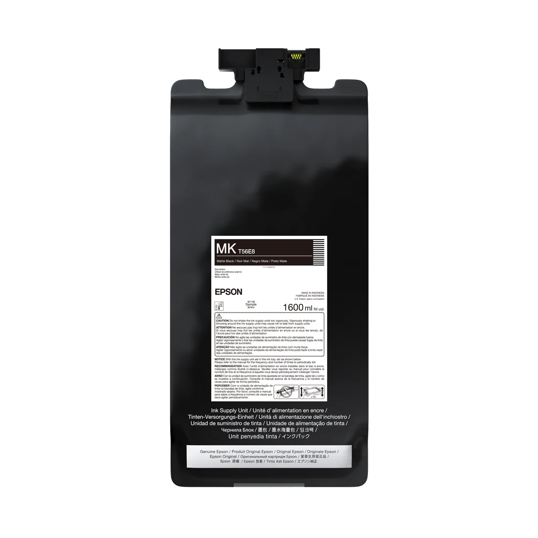 The Epson UltraChrome PRO12 Matte Black Ink Bag (1.6L, P20570, T56E820) features a white label and black connector, designed for SureColor professional printers.