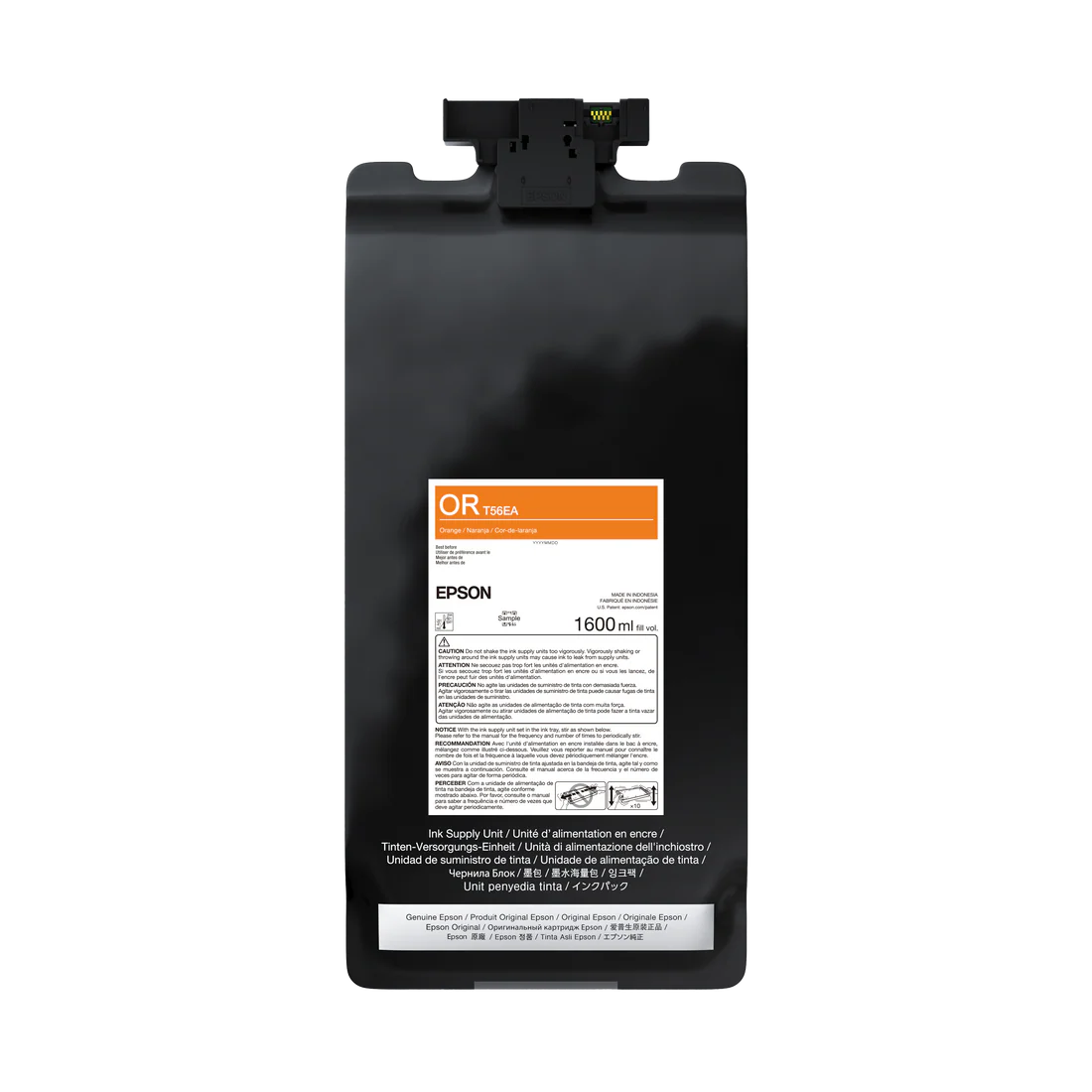 The Epson UltraChrome PRO12 Orange Ink Bag, 1.6L (P20570 - T56EA20) features an orange and white label and is shown against a plain white background. Designed for SureColor professional printers, it contains archival pigment ink.