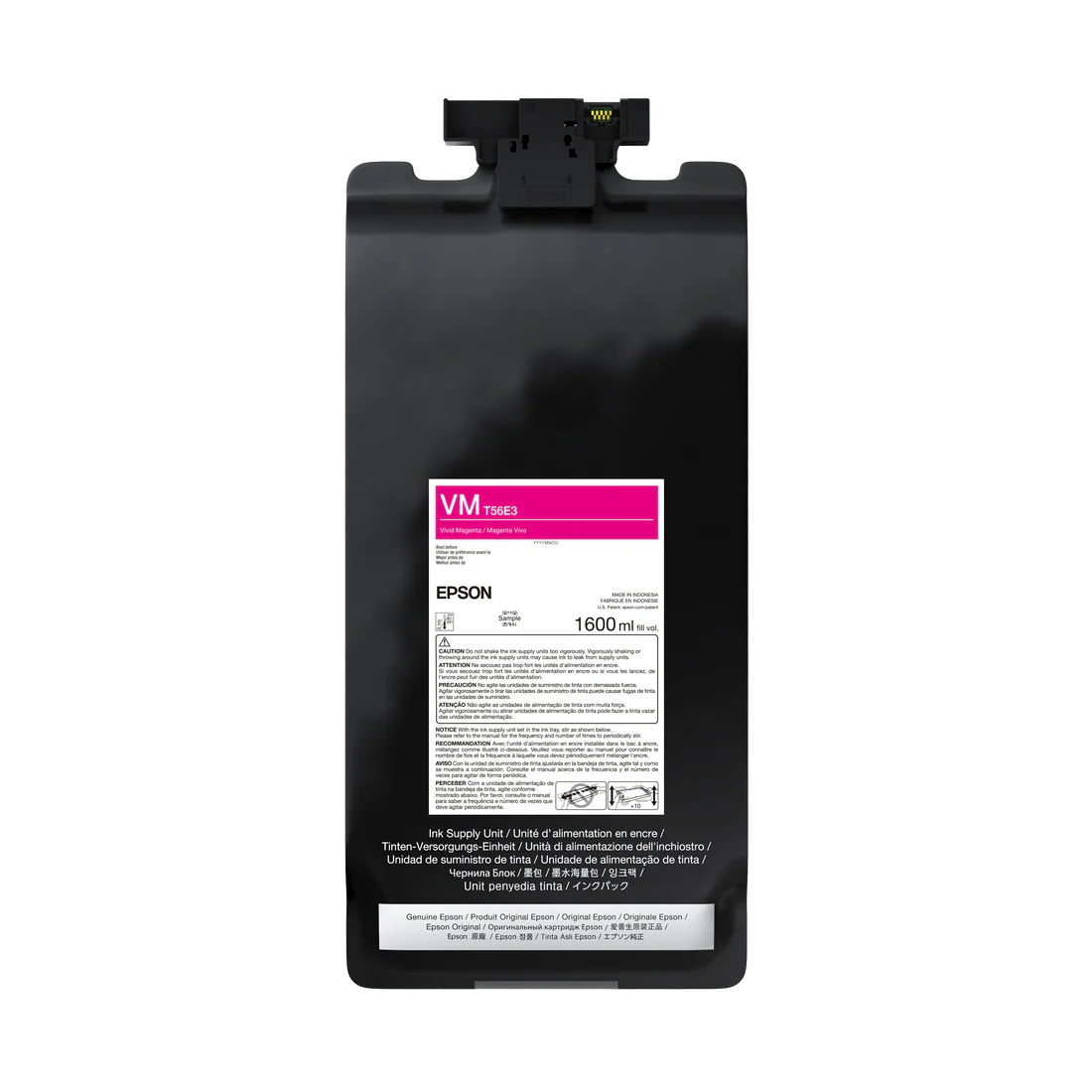 The Epson UltraChrome PRO12 Vivid Magenta Ink Bag, 1.6L (P20570 - T56E320), is designed for SureColor professional printers and features safety warnings and instructions on the packaging.