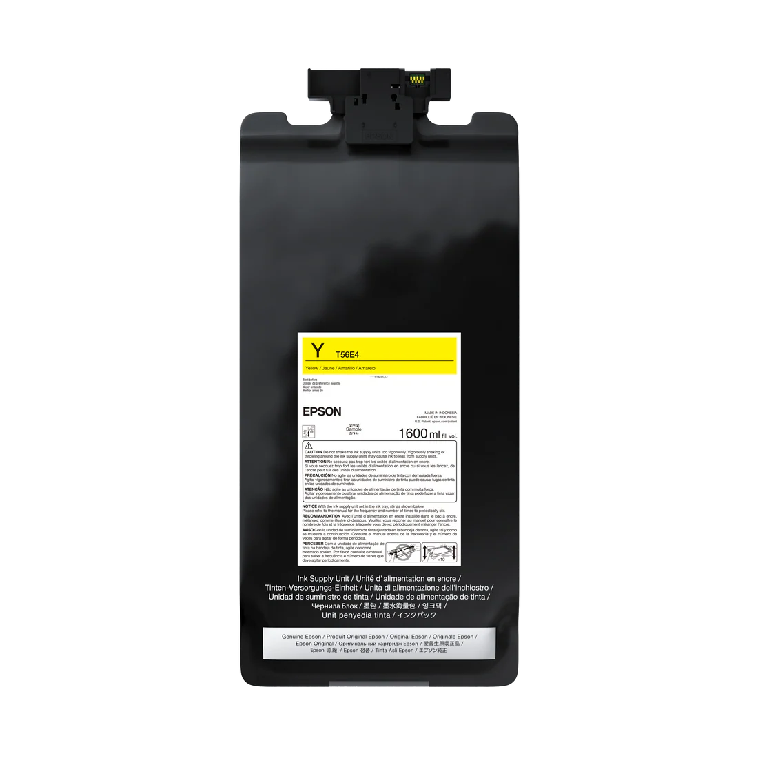 The Epson UltraChrome PRO12 Yellow Ink Bag, 1.6L (P20570 - T56E420), features a black design with a yellow label, top connector, and printed instructions—designed for SureColor professional printers.