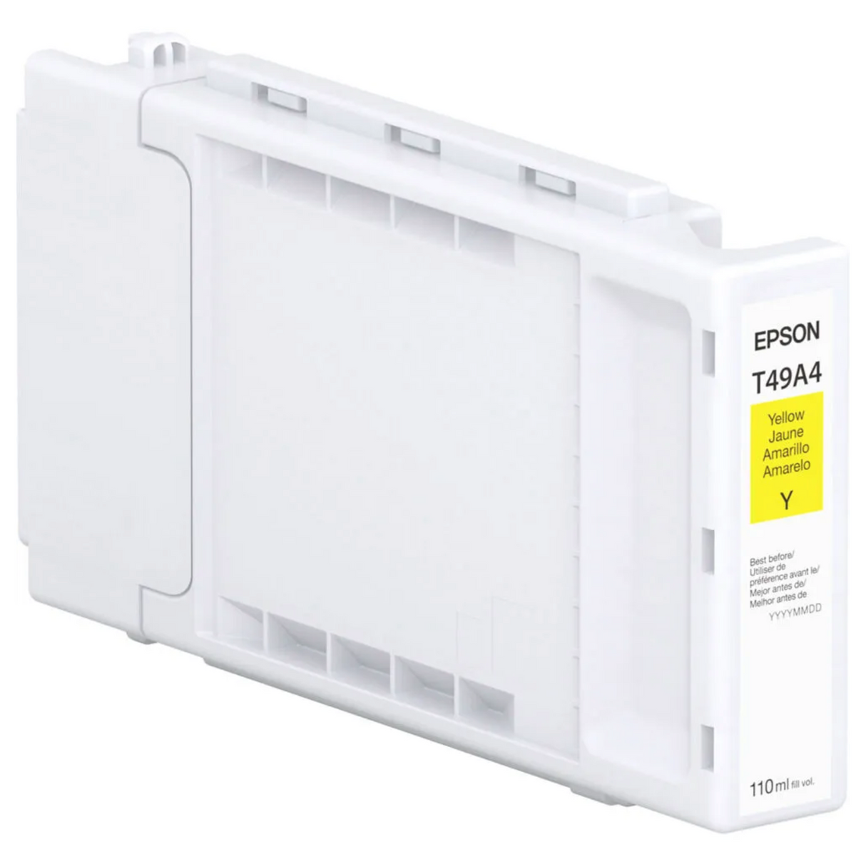 The Epson SureColor PRO6 Yellow UltraChrome PRO6 Ink Cartridge (110ml, T49A420) is a 6-colour pigment ink for professional photo printing. Its label includes multilingual text and is designed for Epson printers.