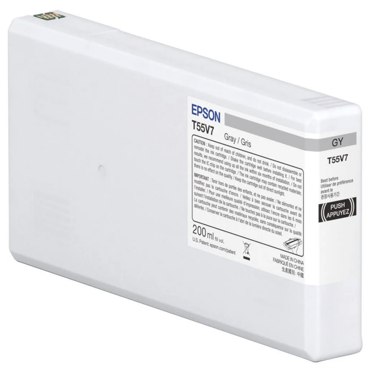 The Epson SureColor P5370 Gray UltraChrome PRO10 Ink Cartridge (T55V700) by Epson holds 200 ml of archival pigment ink, features a rectangular shape, white info label, caution text, and a PUSH button on the right side.