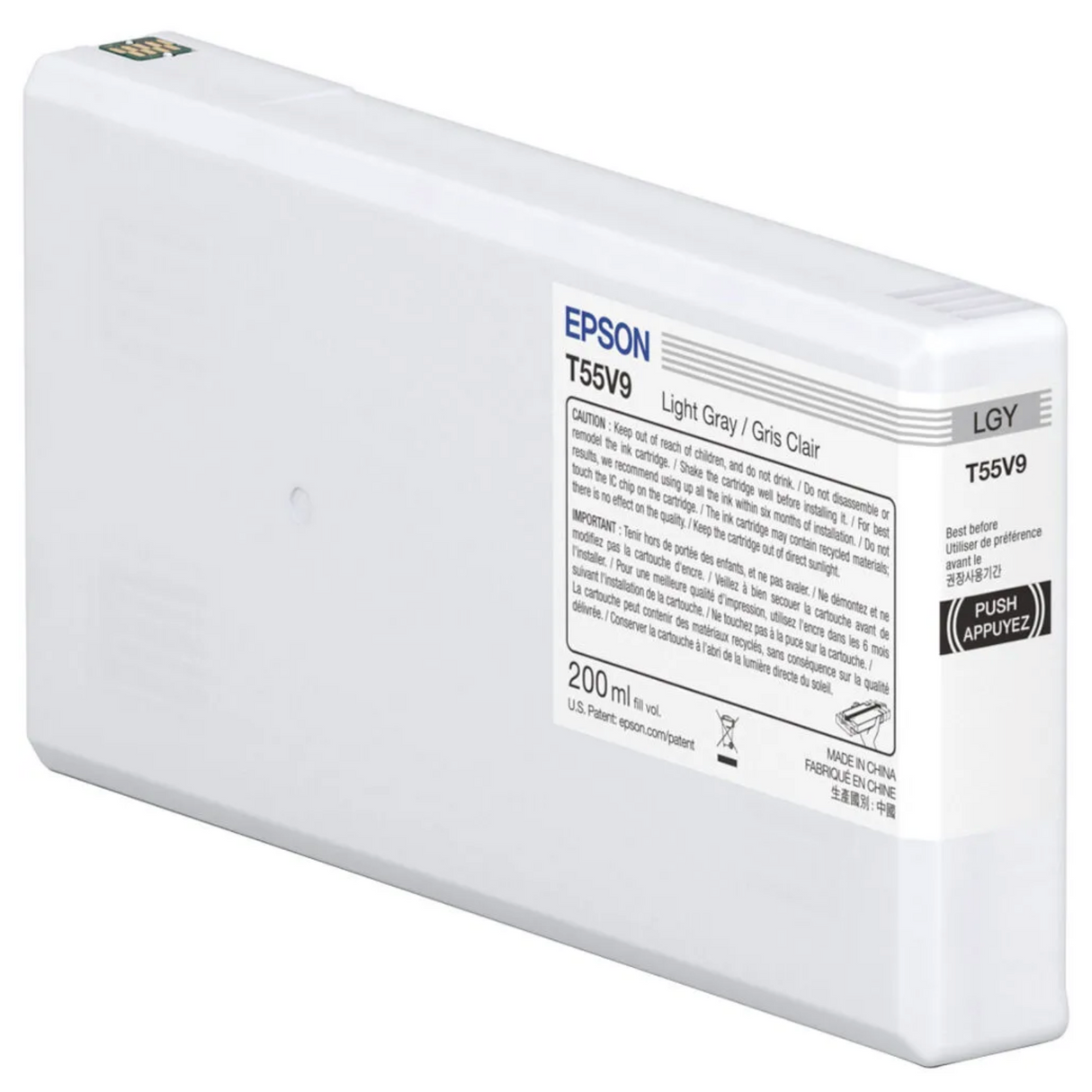 The Epson SureColor P5370 Light Gray UltraChrome PRO10 Ink Cartridge (200 ml, T55V900) features a white rectangular body, detailed label highlighting archival pigment ink, and is compatible with Epson SureColor P5370 printers.