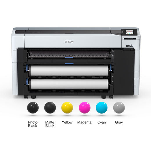 The Epson SureColor P8570D 44-Inch Wide-Format Dual Roll Printer features a display screen, automatic dual roll switching, and six color indicators for Photo Black, Matte Black, Yellow, Magenta, Cyan, and Gray.