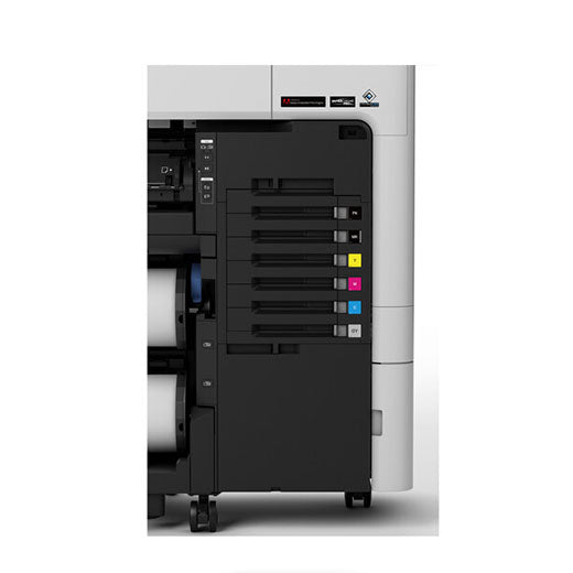 Close-up of the Epson SureColor P8570DL 44-Inch Wide-Format Dual-Roll Printer with its high-capacity 1.6 L ink compartment open, displaying five color-coded ink slots (black, yellow, magenta, cyan, light blue) on the right side.