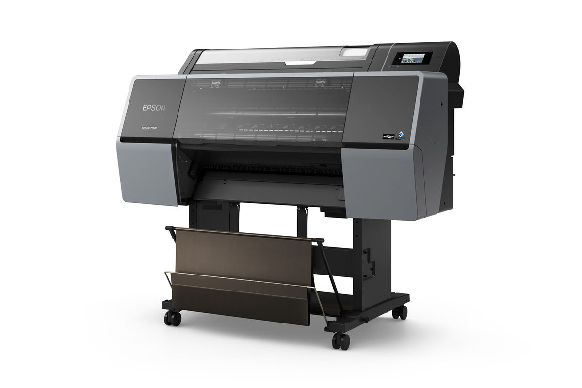 The Epson SureColor P7370 24" Wide Printer (SCP7370SE) by Epson features a sleek black and gray design on four wheels with a lower paper tray—perfect for professional photo printing using UltraChrome PRO10 Ink.