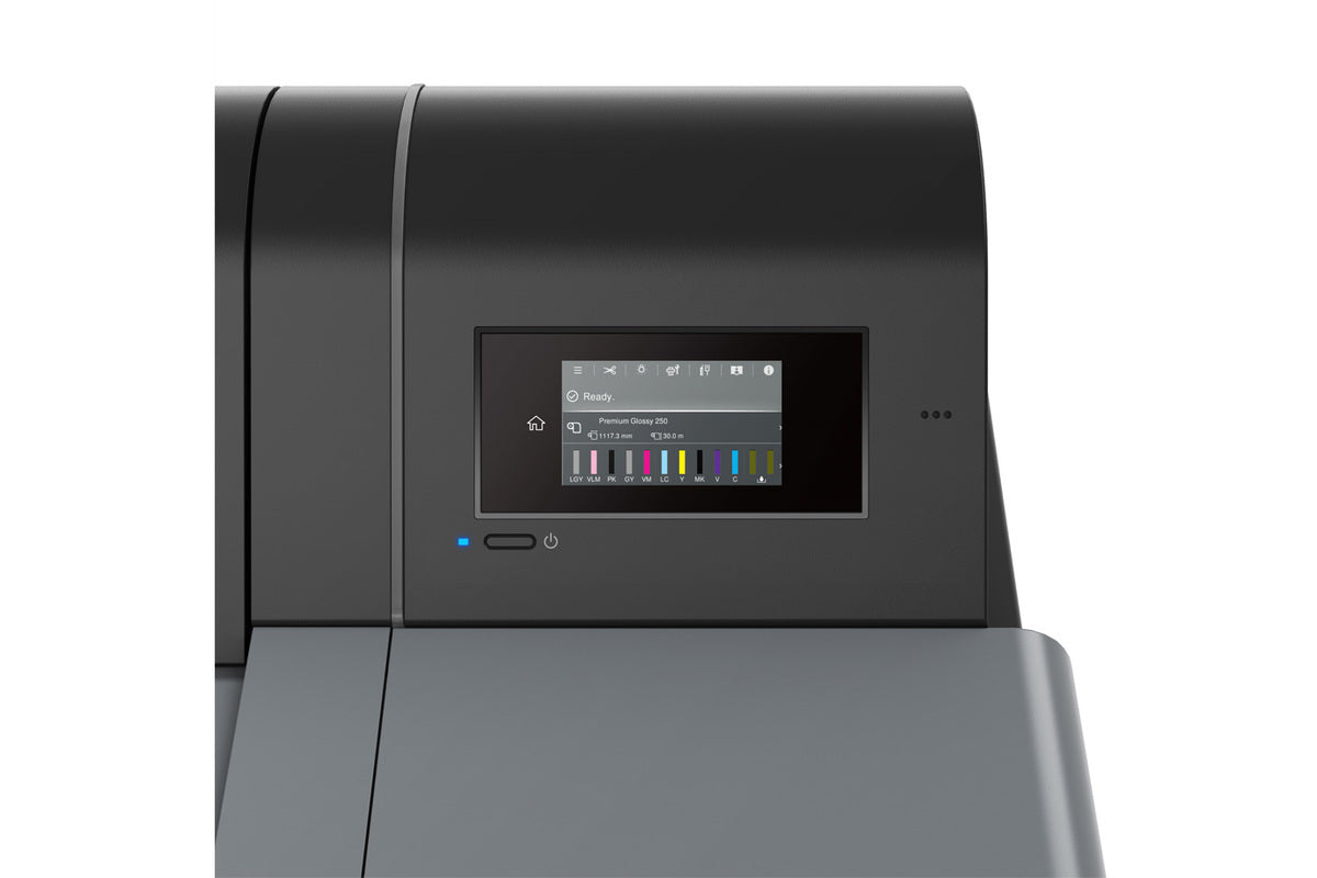 A close-up of the Epson SureColor P7370 24" Wide Printer’s sleek black and gray control panel, showing the color ink status screen and status icons on its small digital display.