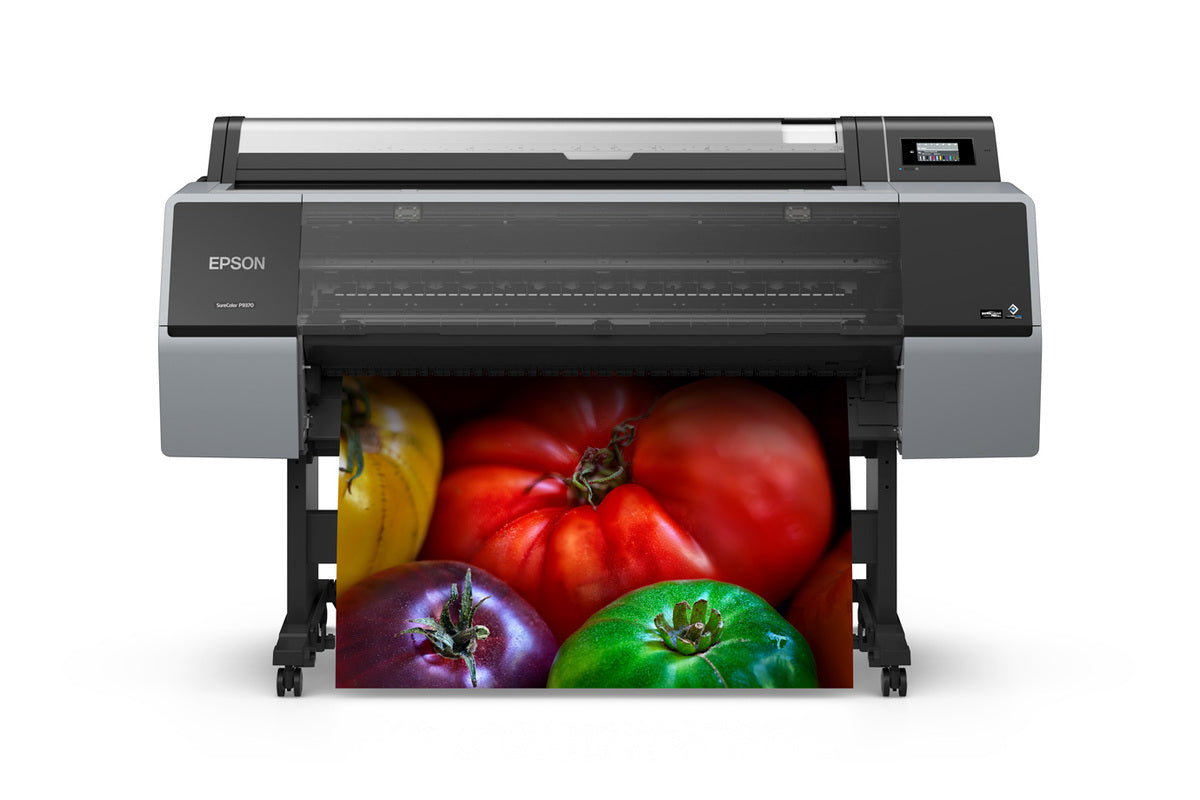 The Epson SureColor P9370 44" wide printer produces vivid, high-resolution images of red, yellow, green, and purple tomatoes on paper using UltraChrome PRO10 ink.