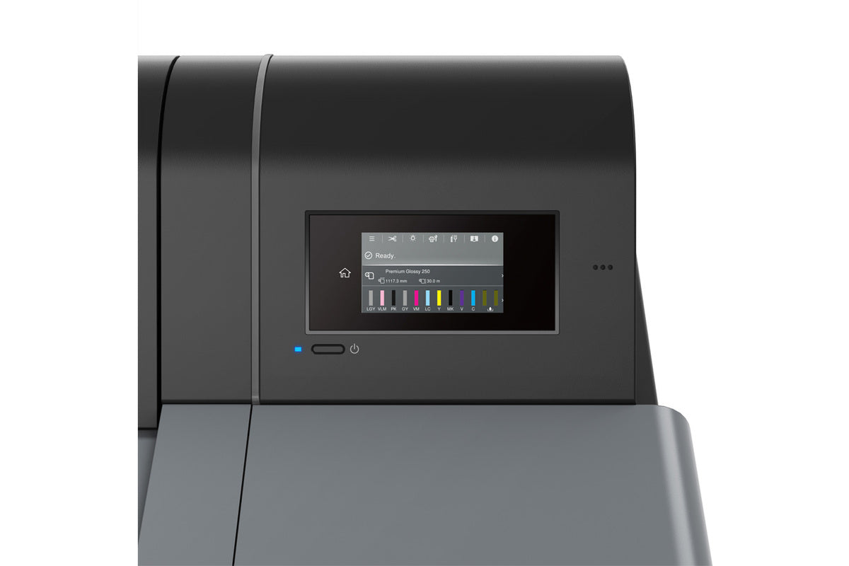 Close-up of the Epson SureColor P9370 44" Wide Printer's control panel showing its touchscreen with print status and UltraChrome PRO10 Ink levels, set against a plain white background.