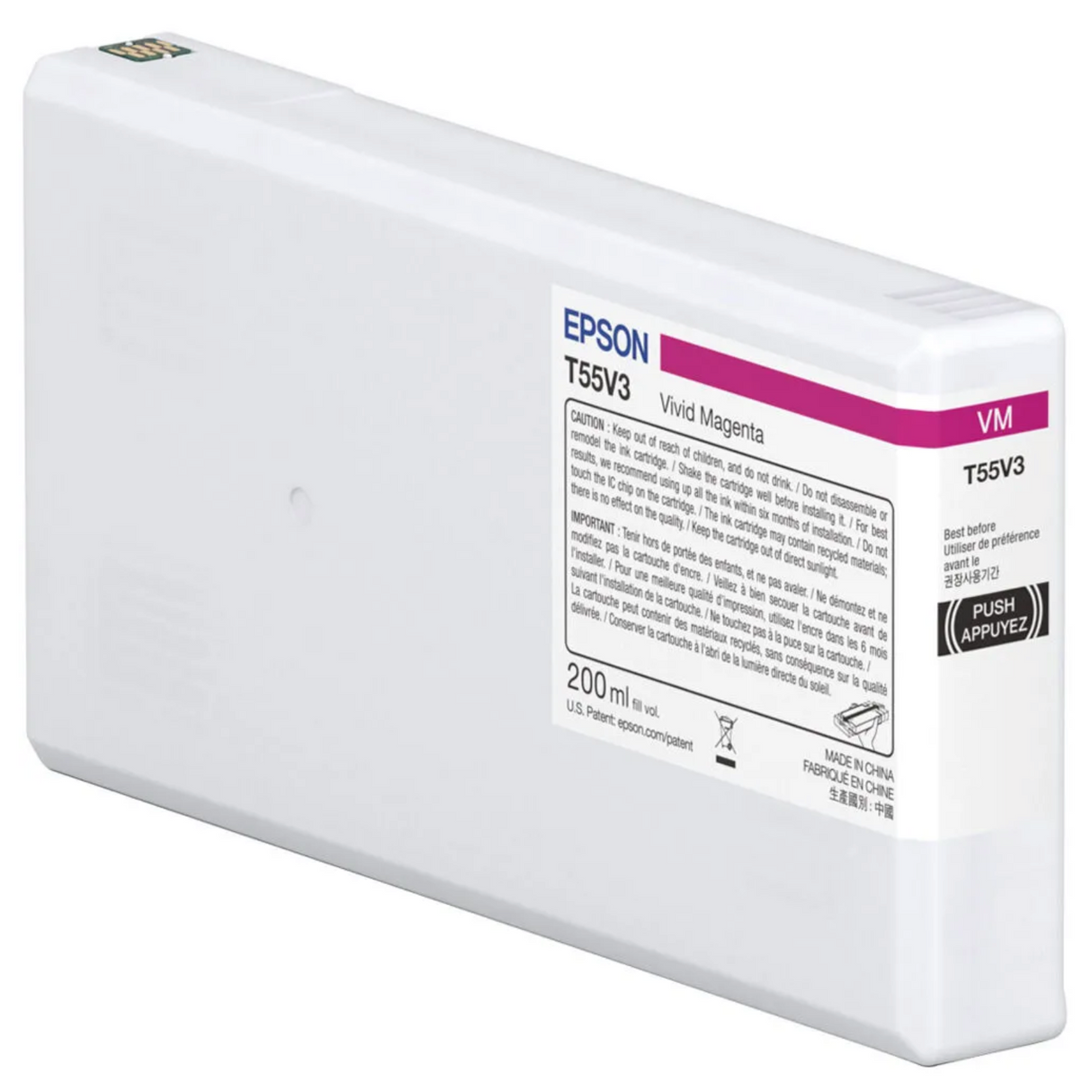 The Epson SureColor P5370 Vivid Magenta UltraChrome PRO10 Ink Cartridge (200 ml, T55V300) uses archival pigment ink for Epson SureColor P5370 printers, delivering professional-quality results. White body with magenta label and front product info.