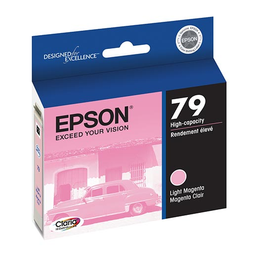 The Epson Stylus Photo 1400 / Artisan 1430 Light Magenta Ink Cartridge (T079620) by Epson comes in a box featuring classic car and building imagery, pink and blue accents, and bilingual English/French text for high-capacity printing.