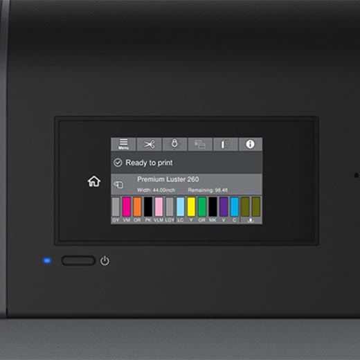 A close-up of the Epson SureColor P7570 24” Wide Printer touchscreen shows UltraChrome PRO12 Ink levels, Ready to print status, Premium Luster 260 paper selected—ideal for pro photography—and remaining paper length.