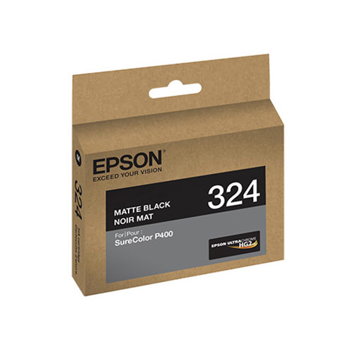 An Epson SureColor P400 Matte Black Ink Cartridge (T324820) box, brown with Epson branding, UltraChrome HG2 logo, and labeled photographic pigment ink for the P400 printer.