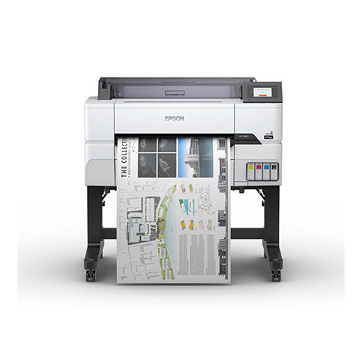 The Epson SureColor T3475 24" Wide Printer (SCT3475SR) by Epson prints a detailed, full-color architectural map and images on wide paper, positioned on black stands against a white background.