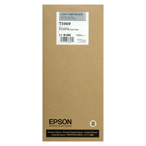 A cardboard box labeled “Epson Light Light Black Ultrachrome HDR Ink Cartridge - 350ml - T596900” for Epson printers, featuring UltraChrome HDR pigment ink and the Epson logo with product details in black text on the front.