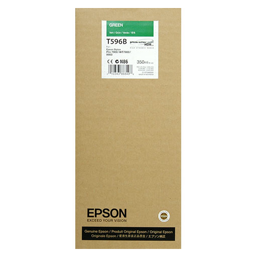The Epson Green UltraChrome HDR Ink Cartridge (350ml, T596B00) comes in a rectangular brown box with black and green labels, product details, and the Exceed Your Vision slogan for Epson Stylus Pro 9900 printers.