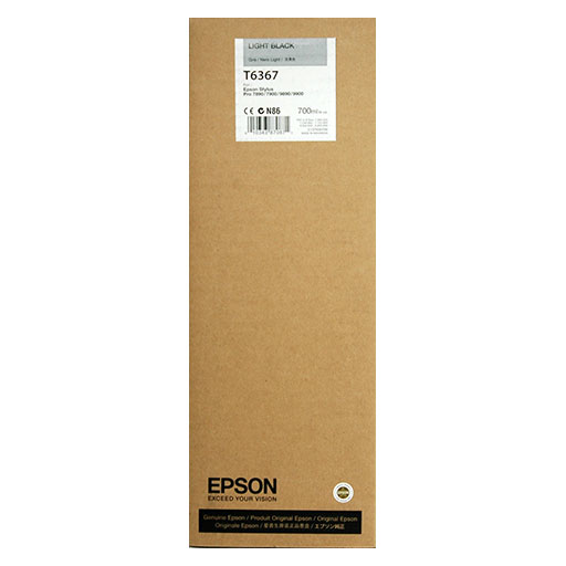 An Epson box contains a Light Black UltraChrome HDR Ink Cartridge, 700ml (T636700), designed for Epson Stylus Pro printers. The label shows product details and specifications.