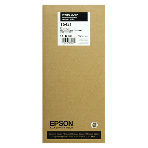 A rectangular brown Epson box labeled "PHOTO BLACK T642100" contains 150ml of Epson UltraChrome HDR pigment ink for Stylus Pro printers. The Epson logo and "EXCEED YOUR VISION" tagline appear at the bottom.