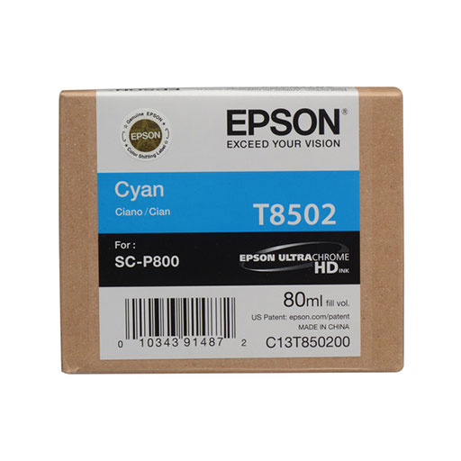 Epson SureColor P800 Cyan Ink Cartridge 80ml (T850200) for SC-P800 printers. Ideal for high-clarity photo imaging, with label in English and French plus a barcode at the bottom. Brand: Epson.
