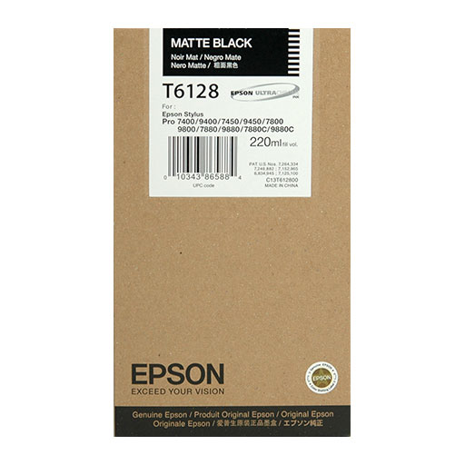 Epson Matte Black Ultrachrome K3 Ink Cartridge (220ml, T612800) in brown packaging for Stylus Pro printers. Genuine Epson ink, ideal for archival prints. Front label displays capacity and Epson branding.