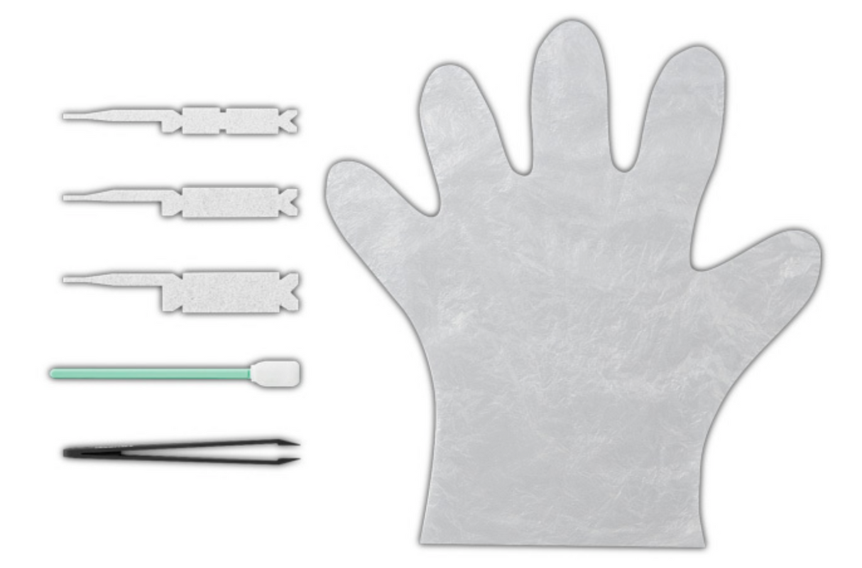 The Epson Replacement Borderless Pad Kit - C13S210102 includes three swabs, a spatula, tweezers, and a large disposable glove, all neatly arranged on a white background.
