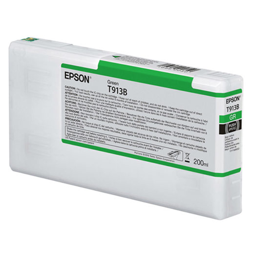 The Epson SureColor P5000 Green UltraChrome HDX Ink Cartridge (T913B00) is a rectangular, 200ml cartridge with a white body and green label, designed for SureColor printers and featuring advanced pigment ink technology.