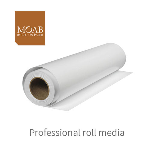 A roll of white art paper with exposed cardboard core, labeled MOAB above it. Below: Moab Entrada Rag Bright 190—professional 100% cotton roll media by MOAB, displayed on a white background.