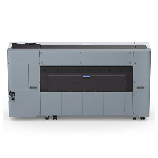 The Epson SureColor P8570D 44-Inch Wide-Format Dual Roll Printer by Epson is a large, gray printer with a transparent front panel and top-left controls, designed for high-volume photographic production printing.