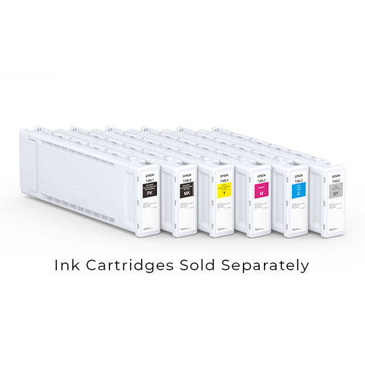 The Epson SureColor PRO6 Cyan Ink Cartridge (700 mL, T48L220) by Epson is shown on a white surface—perfect for production photo printing. Black text below reads, “Ink Cartridges Sold Separately.”.