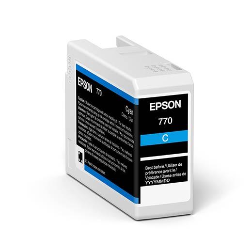 The Epson SureColor P700 Cyan UltraChrome PRO10 Ink Cartridge 25ml (T770220) features a black, blue, and white label with multilingual product details and uses archival pigment ink for professional results.