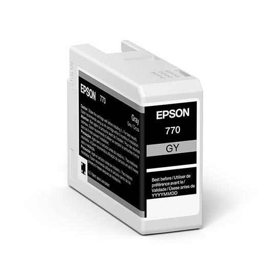 The Epson SureColor P700 Gray UltraChrome PRO10 Ink Cartridge 25ml (T770720) by Epson features archival pigment ink and clear labeling, making it ideal for professional imaging.