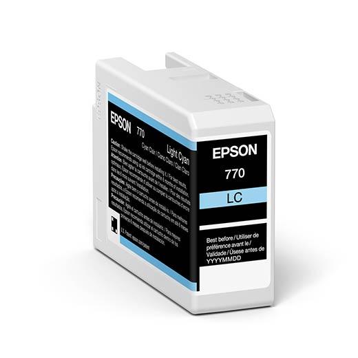 The Epson SureColor P700 Light Cyan UltraChrome PRO10 Ink Cartridge 25ml (T770520) features a white and black label with product details and a reminder to check the expiration date before use.